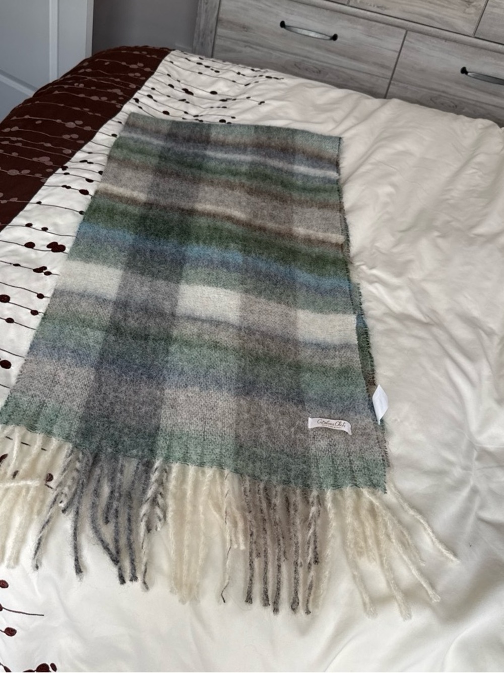 Christina chiti wool Plaid Fringe Blanket Scarf - Soft Green & Gray Tones
